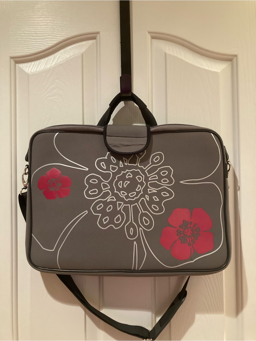 EUC Gray Floral Laptop Tote Bag with Pink Accents